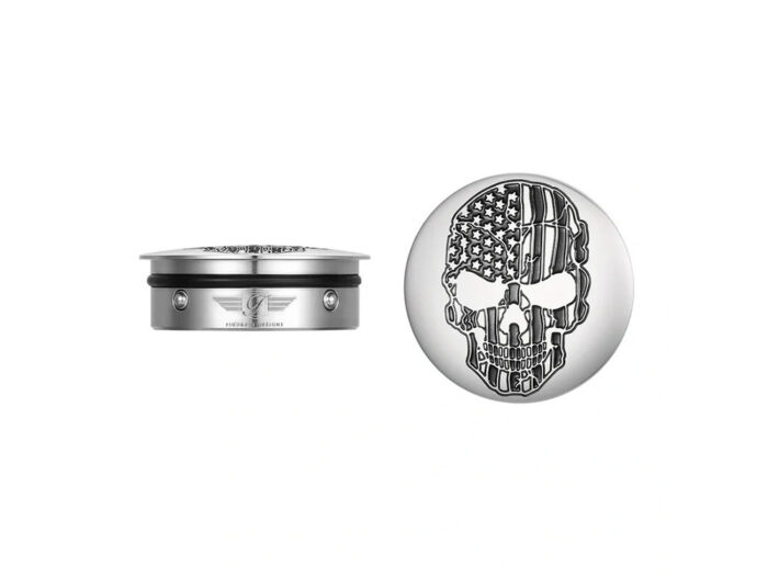 Swingarm Pivot Bolt Covers - Stainless with American Flag Skull. Fits Touring 2011up