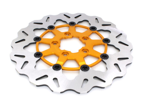 11.8in. Front Wave Floating Disc Rotor with Gold Carrier. Fits Dyna 2006-2017, Softail 2015up, Sportster 2014-2021 & Some Touring 2008-2023