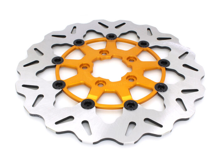 11.8in. Front Wave Floating Disc Rotor with Gold Carrier. Fits Dyna 2006-2017, Softail 2015up, Sportster 2014-2021 & Some Touring 2008-2023