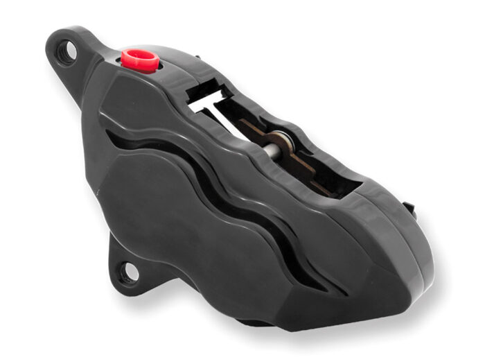 Left Hand Front 4 Piston Caliper - Black. Fits Softail 2000-2014, Dyna 2000-2017, Touring 2000-2007 & Sportster 2000-2007 Models with 11.5in. Disc Rotor.