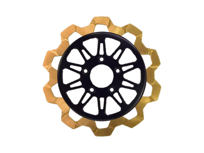 11.8in. Front Omega Bow-Tie Disc Rotor - Gold Band & Black Carrier. Fits Dyna 2006-2017, Softail 2015up, Sportster 2014-2021 & Some Touring 2008up.