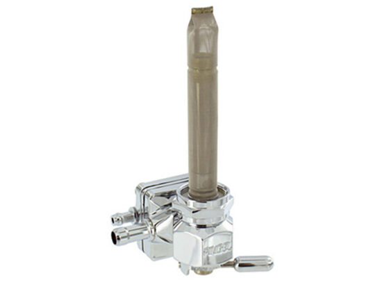 Vacuum Operated Fuel Tap / Petcock with 22mm Thread, 5/16in. Forward Facing Fuel Outlet - Chrome. Fits Softail 1995-2006, Dyna 1995-2006, Touring 1993-2006