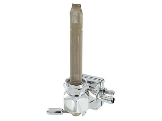 Vacuum Operated Fuel Tap / Petcock with 22mm Thread, 5/16in. Backward Facing Fuel Outlet - Chrome. Fits Softail 1995-2006, Dyna 1995-2006, Touring 1993-2006