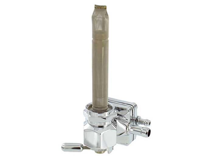 Vacuum Operated Fuel Tap / Petcock with 22mm Thread, 5/16in. Backward Facing Fuel Outlet - Chrome. Fits Softail 1995-2006, Dyna 1995-2006, Touring 1993-2006