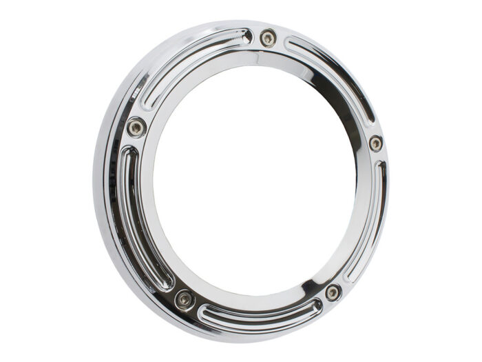 Assault Clear Derby Cover - Chrome. Fits Softail 1999-2018, Dyna 1999-2017 & Touring 1999-2015.
