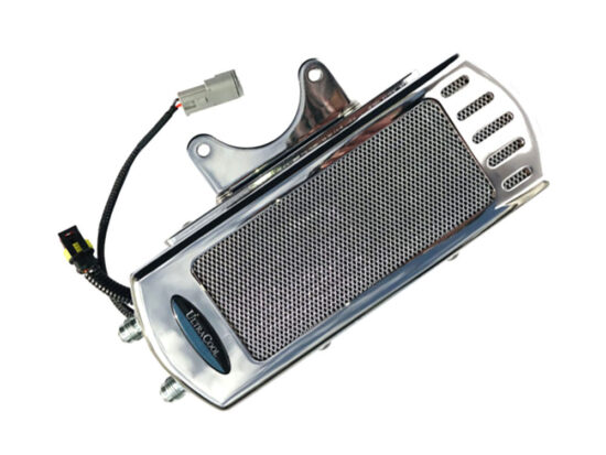 Fan Assisted Side Mount Oil Cooler Kit - Chrome. Fits Touring 2017up with Harley-Davidson Full Size Engine Guard