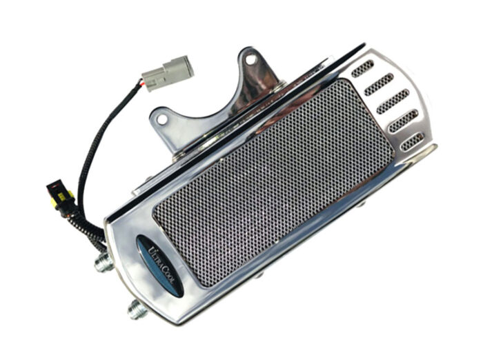 Fan Assisted Side Mount Oil Cooler Kit - Chrome. Fits Touring 2017up with Harley-Davidson Full Size Engine Guard