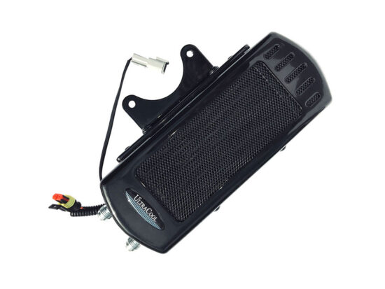 Fan Assisted Side Mount Oil Cooler Kit - Gloss Black. Fits Touring 2017up with Harley-Davidson Full Size Engine Guard